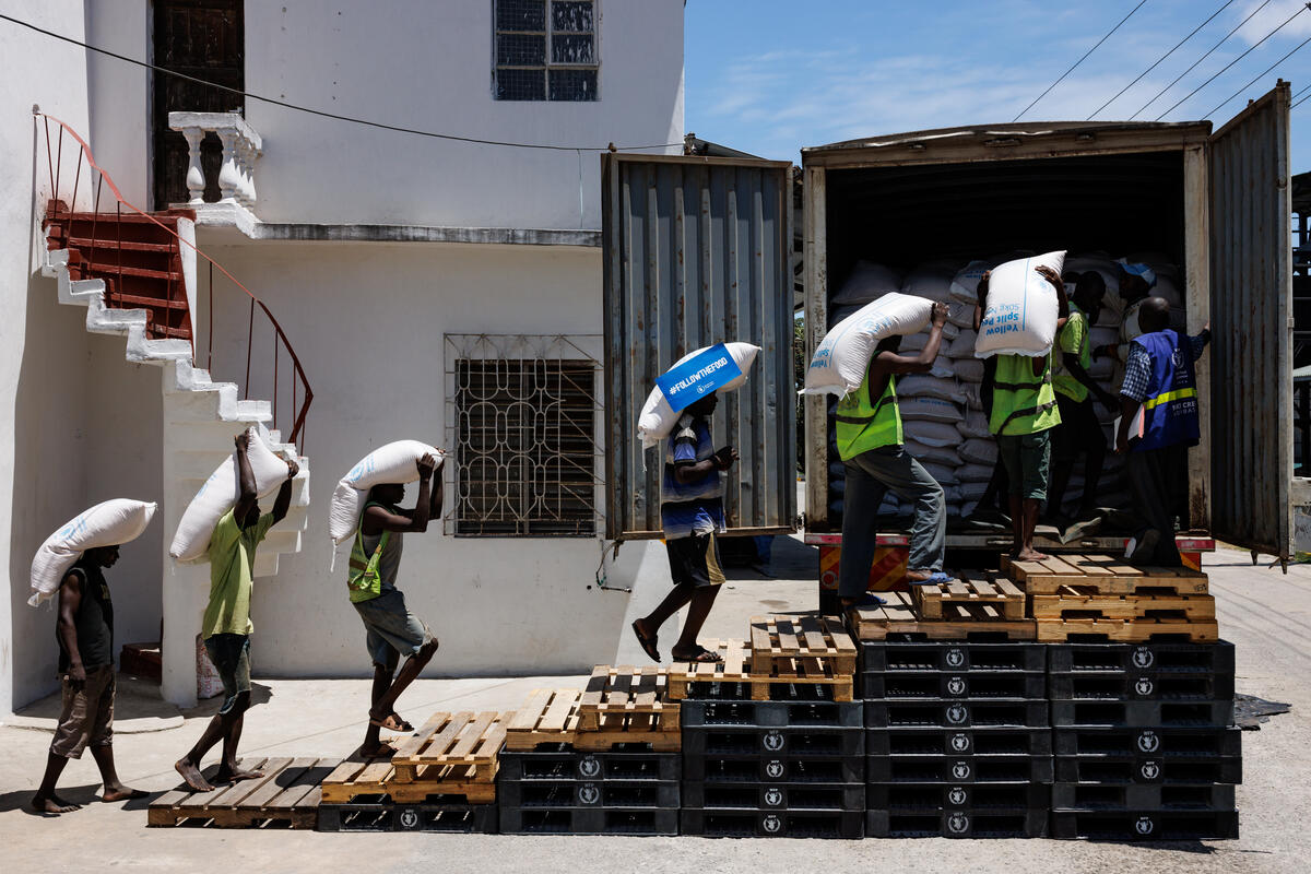 Casual labourers move bags of yellow split pea from a warehouse to a transporter’s truck in Kenya. Photo: WFP/Arete/Luke Dray