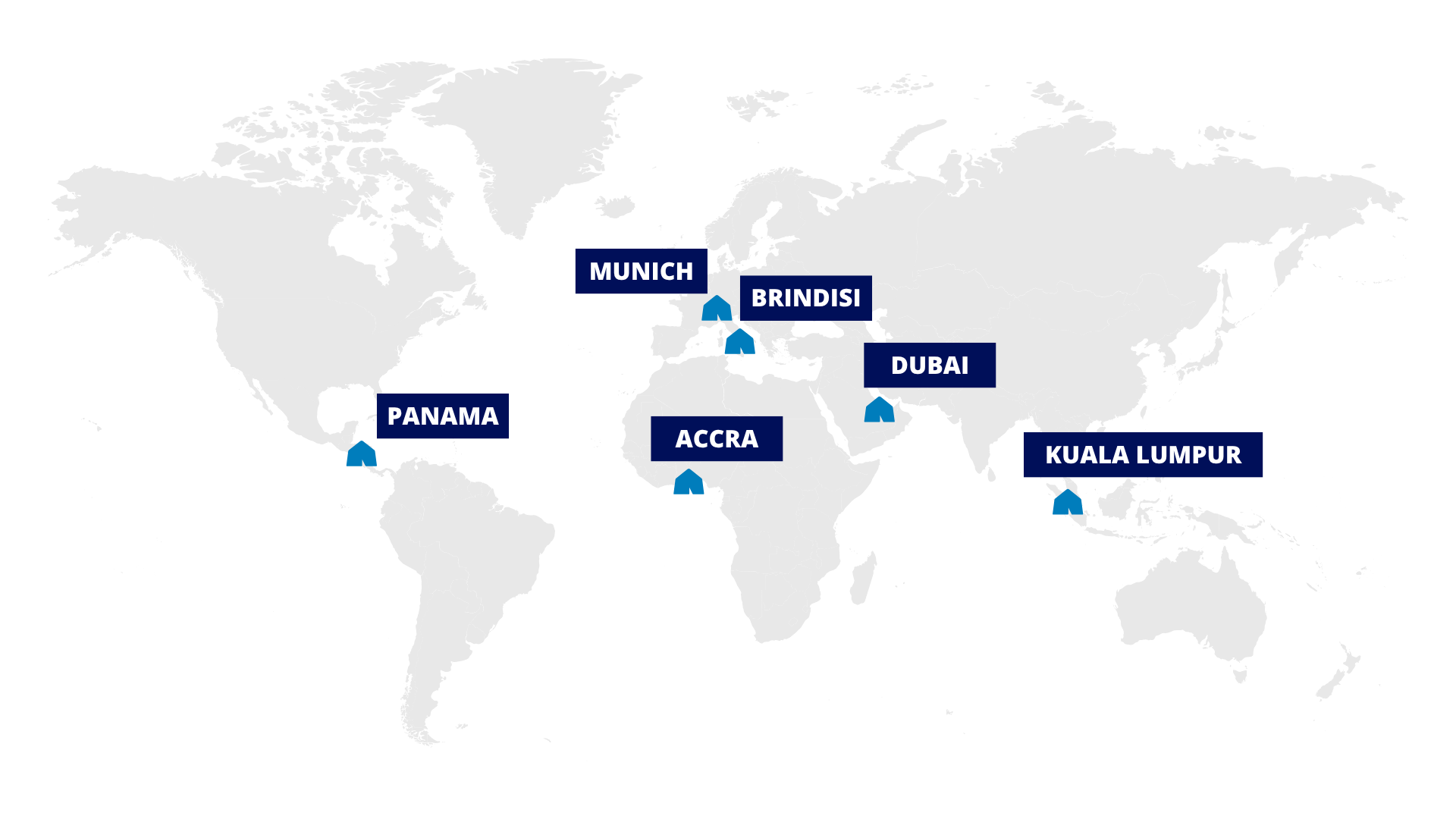 map of world with brindisi, munich, accra, panama city, kuala lumpur, and dubai highlighted