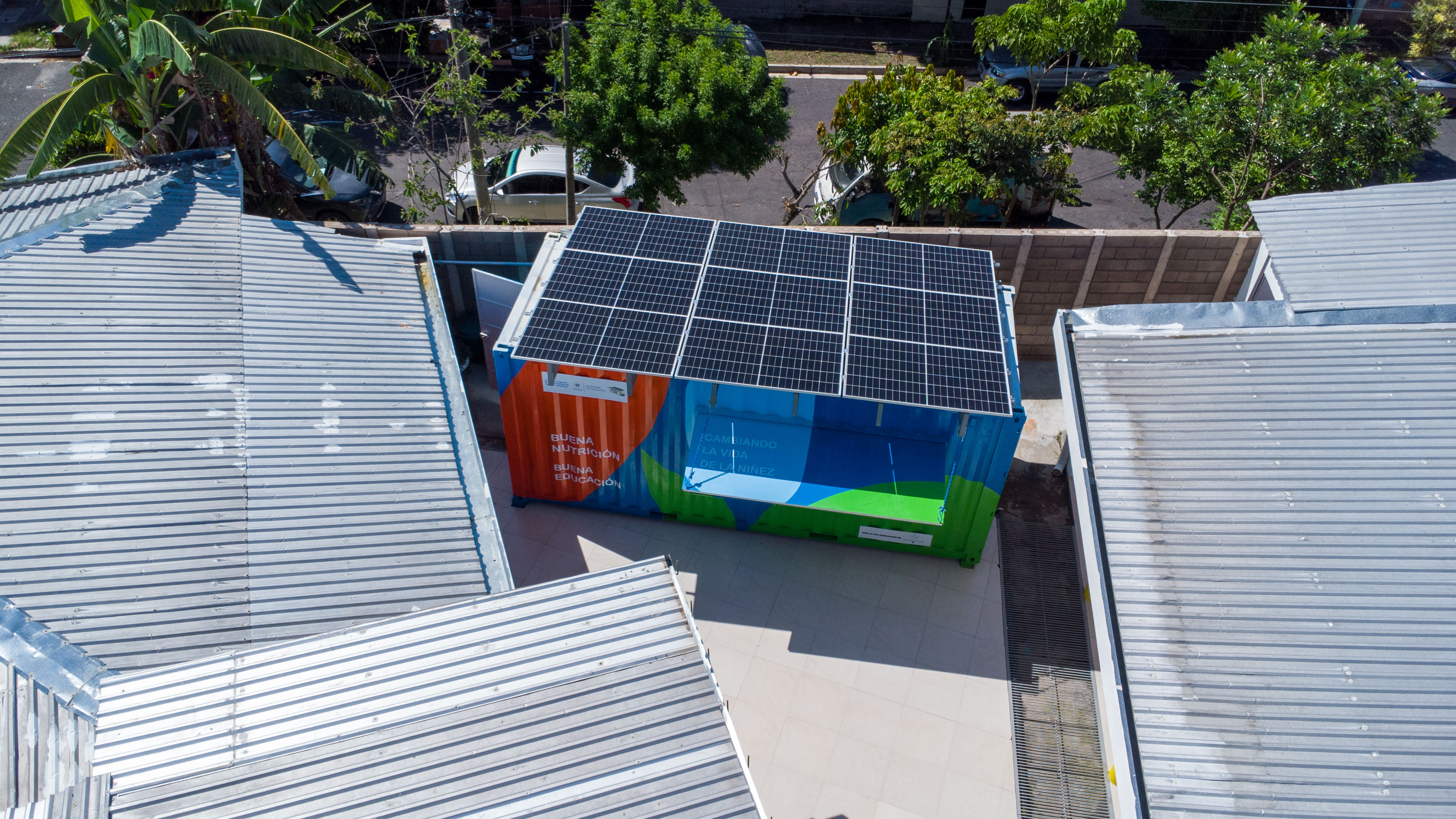 Solar panels placed on top of the Kitchen-In-a-Box facility