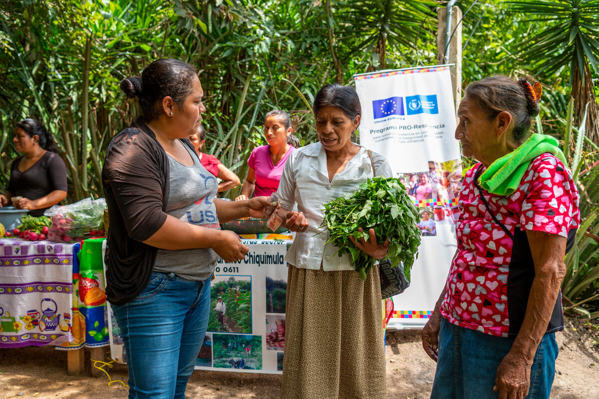 Francisca (81, wearing a colorful hearts t-shirt) selling her vegetables at the local market in the community of Plan de Jocote, Chiquimula department.