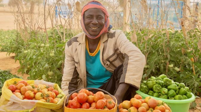 A man sitting amongst buckets of tomatoes and peppers smiles to camera.