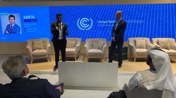 Aadith Moorthy and Bernhard Kowatsch take questions from the audience after Aadith's pitch