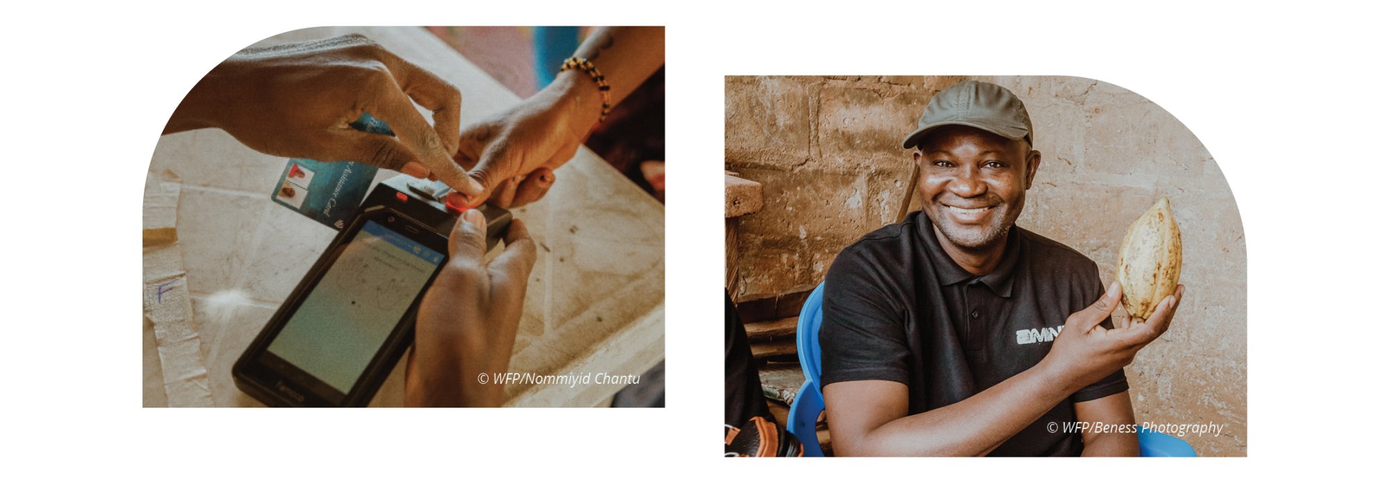 Two images side by side: one of a digital registration system, and the other of a man holding a cacao pod.
